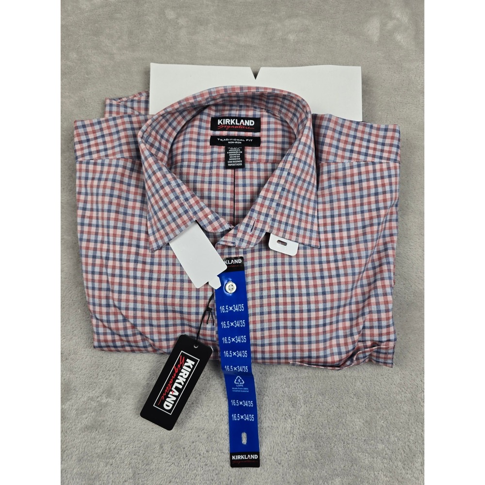 Kirkland Signature Dress Shirt Mens 16.5 34/35 Red Blue Plaid Non-Iron